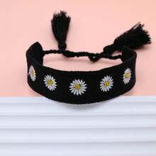 1pc Handmade Embroidered Chrysanthemum Tassel Bohemian Style Woven Bracelet, Vintage Charm, Suitable For Family, Friends, Students, Holiday Gifts, Parties, Traveling - Black - View 2