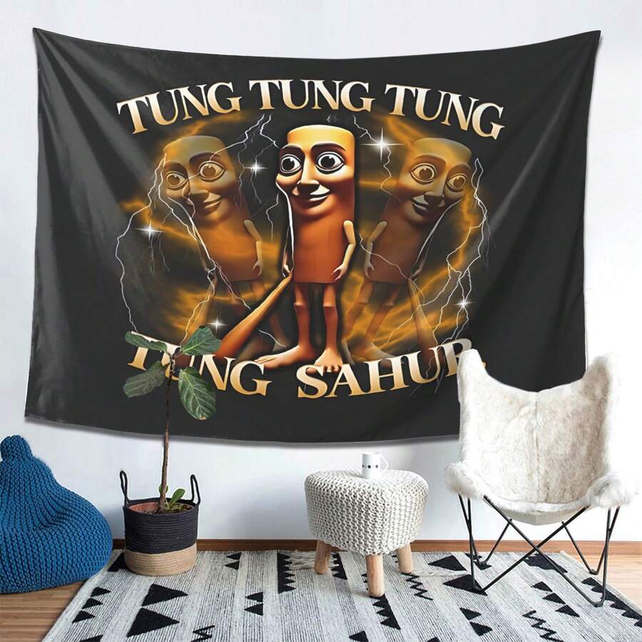 Tung Tung Tung Idea de Sahur Inspiración Tapiz Estilo Póster de Película Vintage, Colgante de Pared Vintage Americano, Diseño Nostálgico Intrincado, Perfecto para Decoración de Pared, Esencial para Decoración de Fiesta Familiar - Multicolor - Ver 1