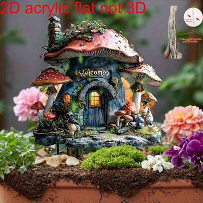 1 件 7.87 英寸 x 5.91 英寸蘑菇屋装饰品，2D 亚克力花园艺术品，充满奇思妙想的童话小屋，点缀着色彩缤纷的花朵和绿植，耐候性强，室内/室外皆宜，是送给爱植物的妈妈和主题派对的独特礼物