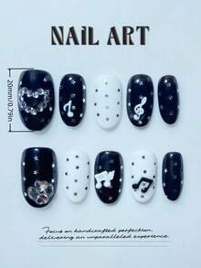 10 Handcrafted Press-On Nails, Y2K Style, Cute Nails, False Nails, Exquisite Black And White Starlight Musical Note Nails, 3D Rhinestone Heart Wings Oval False Nails, Black Nails, High-End Quality, Detachable And Reusable, Suitable For Parties And Music Festivals. - Black and White - View 4