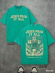 Retro Washed T-Shirt Double Sided Printed (230 Pure Cotton T-Shirt) 'JESUS PAID IT ALL' Letter And Cross Pattern Print, Christian Gift, Men's T-Shirt, Men's Casual, Comfortable, Fashionable T-Shirt, Street Style Cotton Unisex ST Patrick' S Day Plus Size Top - Màu xanh Bạc hà - Xem 3