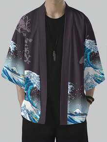 One Piece Of Dragon Koi And Wave Print Auspicious Chinese Style Woven Fabric Classic And Lively Men's Mid-Sleeve Cardigan Loose Coat For Daily Outing In Summer As An Auspicious Gift Gray Base With Dragon Koi And Wave Pattern Style - Multicolor - View 1