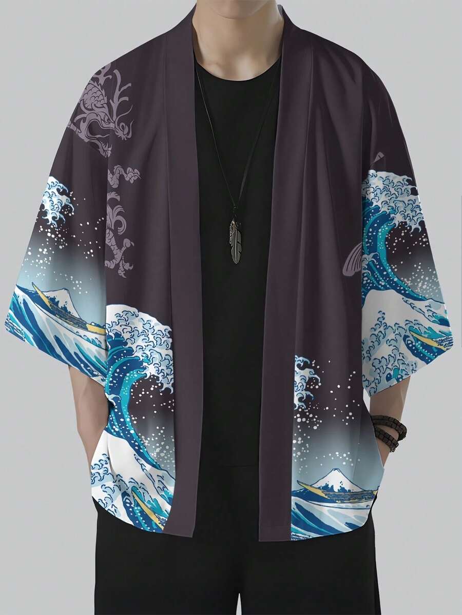 One Piece Of Dragon Koi And Wave Print Auspicious Chinese Style Woven Fabric Classic And Lively Men's Mid-Sleeve Cardigan Loose Coat For Daily Outing In Summer As An Auspicious Gift Gray Base With Dragon Koi And Wave Pattern Style - Multicolor - View 1