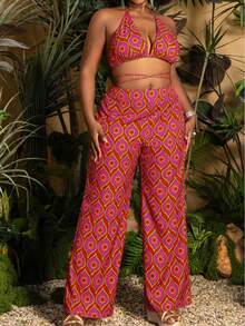 Faeriesty Plus Size Halter Neck Three Pieces Set - Geometric Print Kimono & Wide-Leg Trousers - Perfect For Garden Weddings, Outdoor Portraits & Bohemian Events - Red - View 11