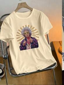 Plus Size Women's Casual Graphic Print Round Neck Short Sleeve T-Shirt, Suitable For Spring, Summer, Autumn, Plus Size Tee For Elderly Ladies, Back To School, Summer Vacation, Summer Clothing - Apricot - View 6