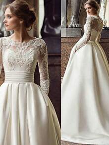 Elegant Long Sleeve High Neck Lace Appliqué A-Line Wedding Dress With Open Back And Sweep Train – Premium Sheer Lace Overlay With Heavy Satin Underlay, High Neckline With Illusion Sleeves, Fitted Bodice With Boning, High-Slit A-Line Skirt With Scattered Beading, Sweep Train With Clean Hem, Available In Ivory – Perfect For Spring/Summer Outdoor Garden Weddings, Beach Ceremonies, And Romantic Receptions, Lightweight And Airy Design, Ideal For Warm Weather, International Export Quality, Suitable For Global Bridal Market - 白色 - 查看 5