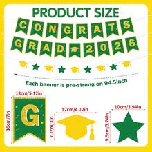 Graduation Party Decorations 2026 - 17 Pcs Green And Gold Congrats Grad Themed Supplies Favors For School Class Of 2026 Pre-Strung Banner Garland Hanging Swirls Paper Pom Poms Decor Set - 綠色和金色 - 查看 6