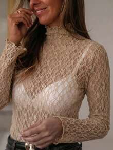 优雅纯色蕾丝领女式衬衫，春季 - 卡其色 - 查看 2