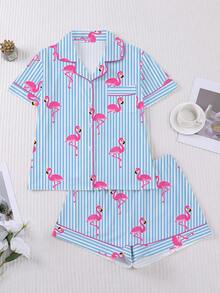 2pcs Sleepwear Set For Women, Striped Flamingo Print, Soft Fabric, Fashionable Outfit For Holidays & Parties, Short Sleeve Shirt With Collar & Button, Elastic Shorts, Casual Loungewear For Indoor & Outdoor Wear - Nhiều màu - Xem 1