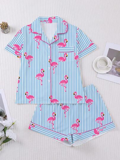 Bộ đồ ngủ 2 món cho nữ, họa tiết chim hồng hạc sọc, chất liệu mềm mại, trang phục thời trang cho kỳ nghỉ và tiệc tùng, áo tay ngắn có cổ và cúc, quần short co giãn, đồ mặc nhà thoải mái cho cả trong nhà và ngoài trời.