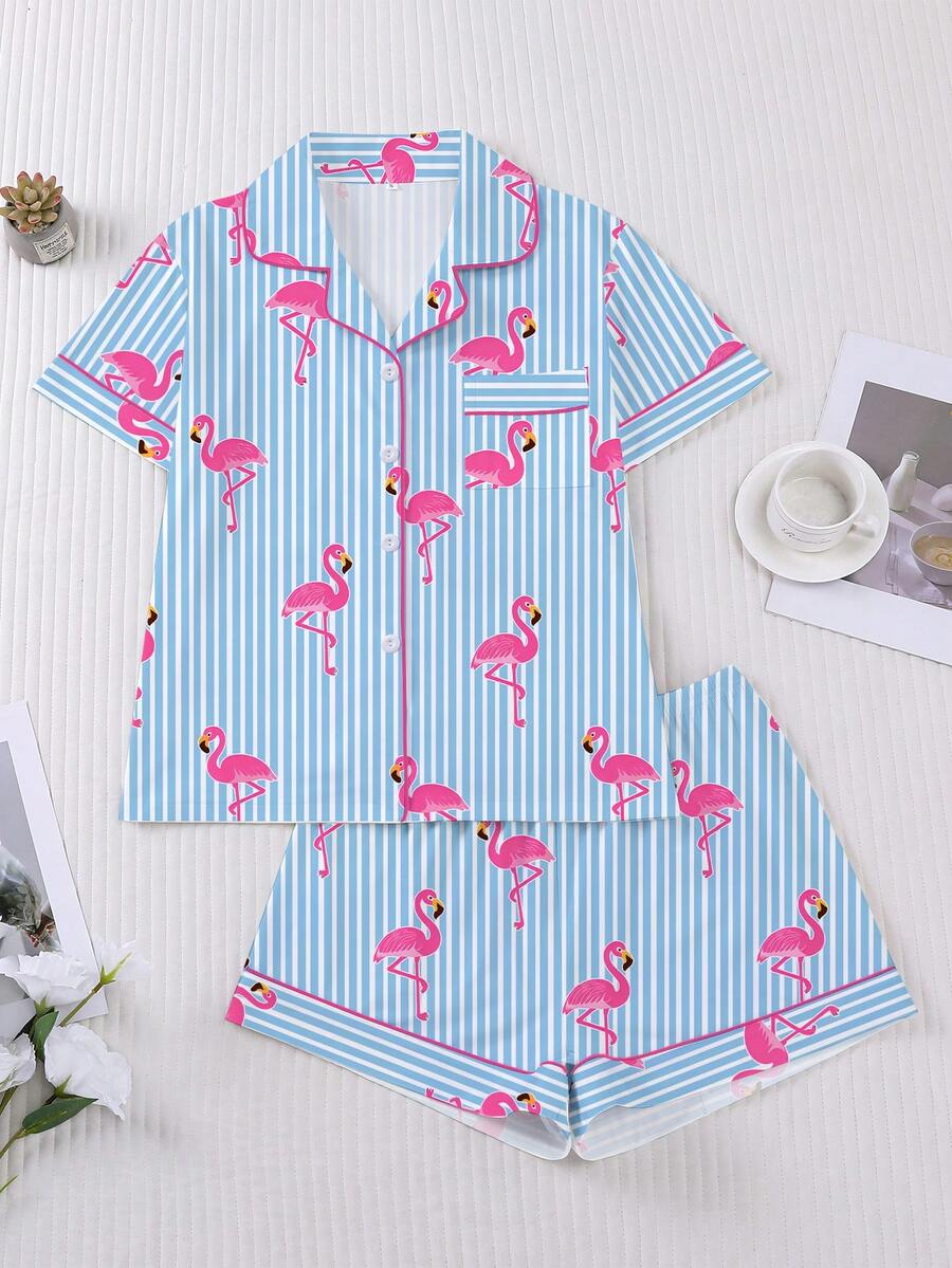 2pcs Sleepwear Set For Women, Striped Flamingo Print, Soft Fabric, Fashionable Outfit For Holidays & Parties, Short Sleeve Shirt With Collar & Button, Elastic Shorts, Casual Loungewear For Indoor & Outdoor Wear - Nhiều màu - Xem 1