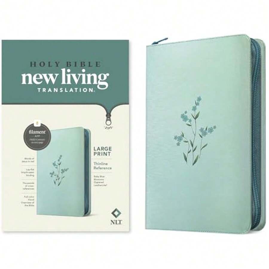 NLT Large Print Thinline Reference Zipper Bible, Filament Enabled (LeatherLike, Baby Blue Blossoms, Red Letter) - Single Book - View 1