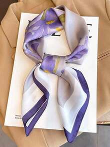 26.77 Inch Faux Silk Printed Square Scarf, 68cm Women's Fashion Breathable Multifunctional Headband Neckerchief Accessory, 1pc - Purple - View 1