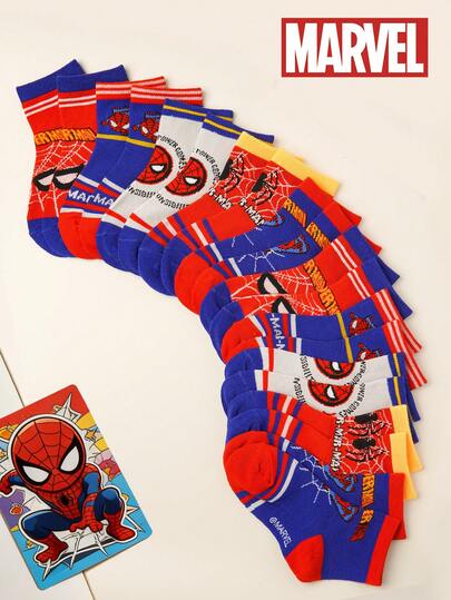 Marvel 1/5/10双装儿童漫威超级英雄蜘蛛侠袜子，男童中筒袜，韩版卡通秋冬女童袜子，儿童蜘蛛侠及超级英雄人物袜子