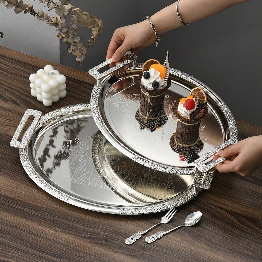 Luxury Oval Handled Tray, Holiday Party Plate/Fruit Plate/Serving Platter, Gathering Blessing Ceremony Tableware, Cosmetic Jewelry Storage Tray (3 Size Options) - View 1