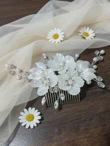 1pc Shiny Retro ABS Plastic White Flower Hair Comb, Bridal Headpiece With Pearl & Rhinestone, Suitable For All Seasons - Silver - View 5