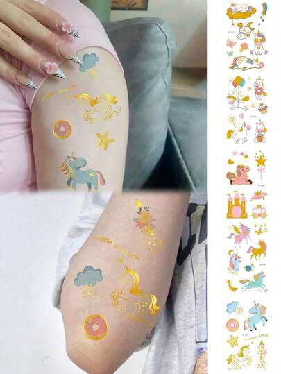 5 Blatt Körperkunst temporäre Tattoo Aufkleber, unisex, Gold Folie Material, süßes Stern und Einhorn Muster, wasserfeste Fake Tattoos, halten 2-5 Tage, können an Händen, Armen, Hals, Schultern, Brust, Taille und Beinen verwendet werden. Perfekt für Festivals, Partys, Musikfestivals und als Geschenk.