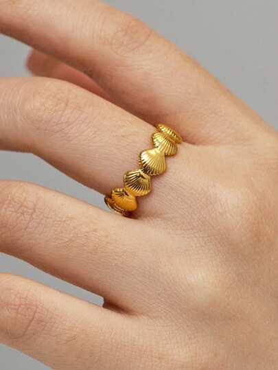 1pc 18K Gold Plated Stainless Steel Minimalist Elegant Bohemian Geometric Golden Shell Adjustable Open Ring, Suitable For Women's Daily, Beach, Date Wear, Hot Selling Summer Jewelry Gift