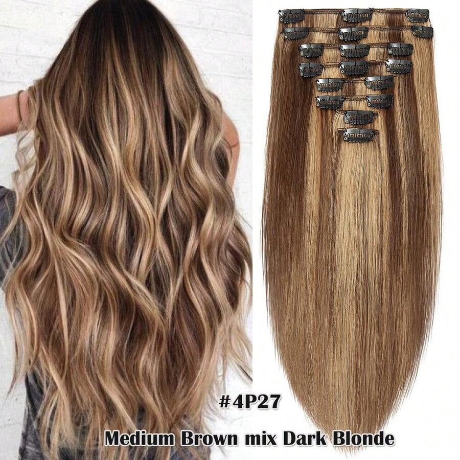 8 Tressen Invisible Clip in Hair Extensions 100% Remy Human Echthaar Haarverlängerung Tresse Dick Glatt pelucas de cabello humano #4/27 Mittelbraun & Dunkelblond #12/613 Goldbraun & Hellblond #18/613 Licht Asche Blond & Hellblond 20cm 25cm 30cm 35cm 40cm 45cm 50cm 65cm 60cm perücke damen perücke echthaarperücke haarverlängerung echthaar