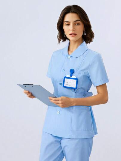 طقم زي ممرضة أزرق فاتح جميل للنساء مع طوق بيتر بان، أكمام قصيرة، مناسب للمستشفى والعيادة، خصر قابل للتعديل، مريح للارتداء في الربيع