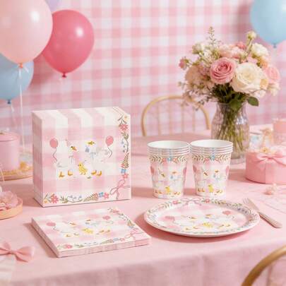 一套粉色蝴蝶结装饰傻鹅主题生日派对餐具套装，包括盘子、杯子、餐巾纸，适合婴儿派对