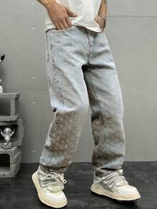 Jeans de corte recto y ajuste holgado, de cintura media, sin estiramiento, de estilo de moda callejera para hombres - Champán - Ver 4