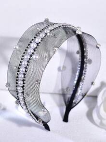 1pc Handmade Exquisite Crystal & Pearl Headband, Suitable For Summer Wedding Bridal Hairstyle, Vacation, Party, Banquet, Ball, Holiday Events - Black - View 3