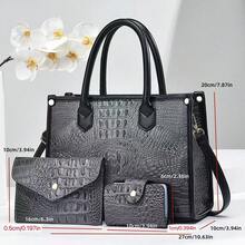 M MENGYISCC 3件套新款鳄鱼纹压花时尚手提包套装，高端托特包，大容量单肩包，母亲节礼物 - 黑色 - 查看 2