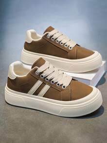 Men's Retro American Casual Thick-Soled Sneakers, Autumn/Winter Faux Leather Striped Patchwork Low-Top Casual Shoes, Campus, Commute, Daily Wear, , Durable, Non-Slip - Khaki - View 5