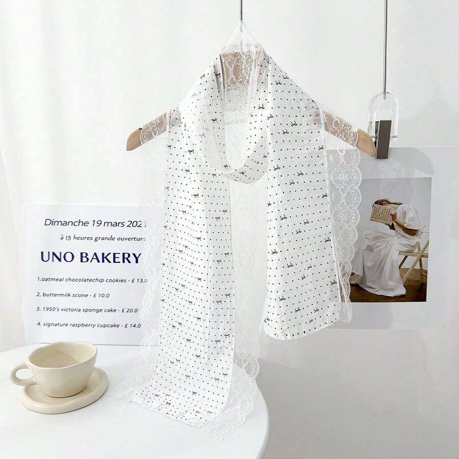 1条女士甜美波点蕾丝围巾，多功能轻薄围巾，优雅时尚颈巾，防晒头巾，春夏款 - 白色 - 查看 1