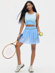 Leorrey 1 Set Women Ribbed Patchwork Round Neck Racerback Tank Top & High Waist Pleated Mesh Anti-Chafing Shorts Sports Suit - Baby Blue - View 2
