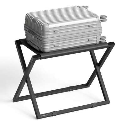 SONGMICS Luggage Rack, Foldable Suitcase Stand, Metal Luggage Holder, Synthetic Leather, Easy To Assemble, For Guest Room, Hotel, Bedroom