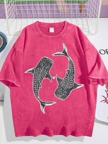 Graphic Tees Casual Short-Sleeved T-Shirt-Black Blue Whale And Shark Marine Ecosystem Print, Loose Round Neck, Machine Washable Four-Season Comfortable Top, Summer Dress, Natural Inspiration Pattern, Soft Fabric. - 玫紅色01 - 查看 1