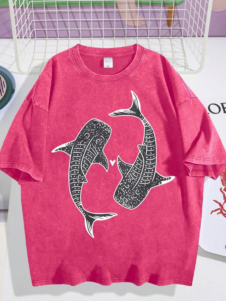 Graphic Tees Casual Short-Sleeved T-Shirt-Black Blue Whale And Shark Marine Ecosystem Print, Loose Round Neck, Machine Washable Four-Season Comfortable Top, Summer Dress, Natural Inspiration Pattern, Soft Fabric. - 玫紅色01 - 查看 1