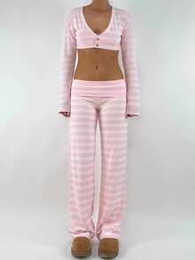 Women's Striped Print Fold Over Waist Wide Leg Pants Casual Loose Streetwear Long Pants - Hồng - Xem 8