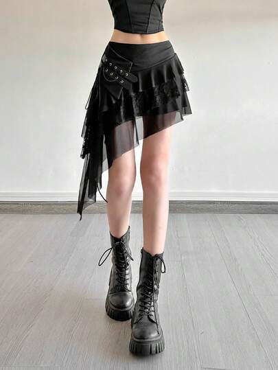 Top Dazzle Women's Sexy Polyester Asymmetrical Short Skirt With Slight Stretch Semi-Sheer Fabric And Ruffle Details