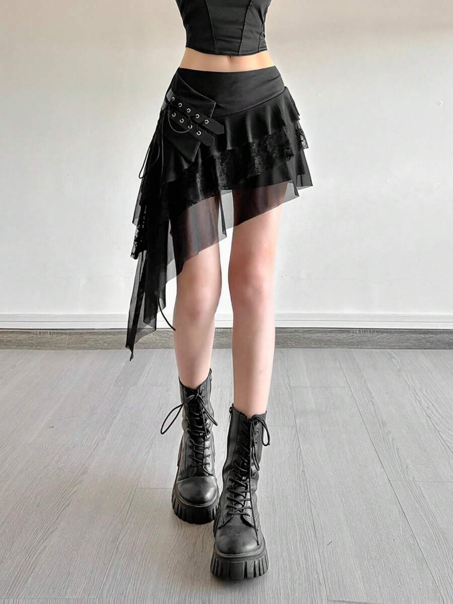 Top Dazzle 女士性感涤纶不对称短裙，略带弹力半透明面料，饰有荷叶边细节 - 黑色 - 查看 1