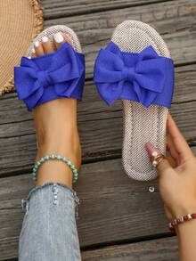 女士蝴蝶结平底凉鞋，可爱单带编织草底圆头户外休闲度假拖鞋 - 藍色 - 查看 2