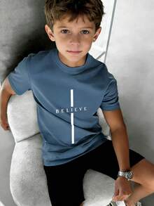 1pc Tween Boys' Motivational Slogan Confident Positive Energy Print Short Sleeve T-Shirt, Summer Top For Young Students - Dusty Blue - View 1