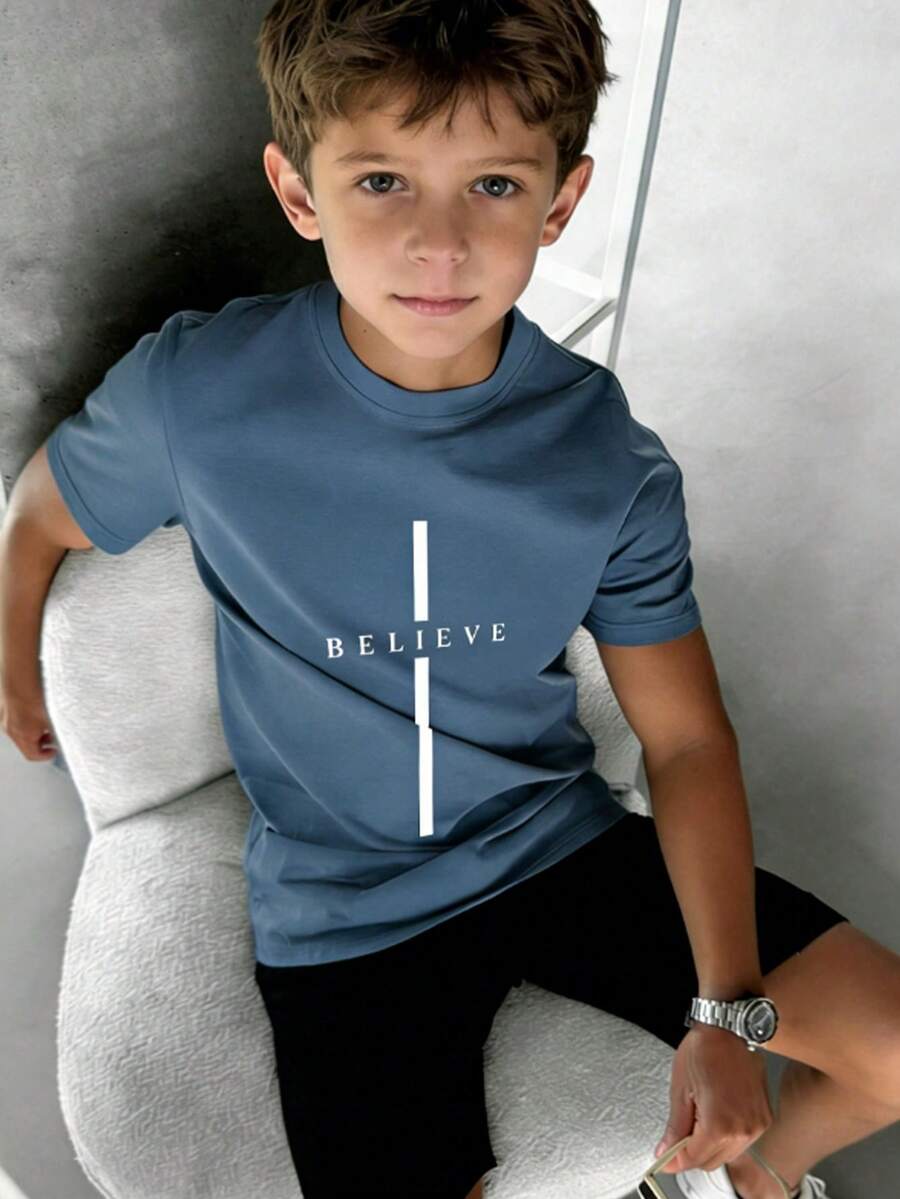 1pc Tween Boys' Motivational Slogan Confident Positive Energy Print Short Sleeve T-Shirt, Summer Top For Young Students - Dusty Blue - View 1