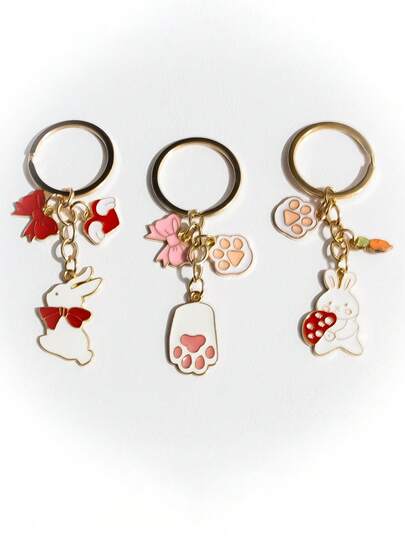 1/3pcs Cute Creative Alloy Rabbit & Bow Keychain Pendant, Bag Charm, Adorable Rabbit Keyring, Perfect Gift For Friends
