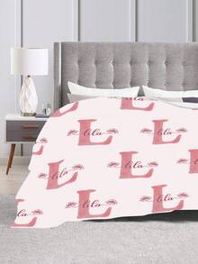 1pc Customized Initial Letter & Pink Rose Allover Print Soft Flannel Blanket, Personalized Name & Letter Design, Thoughtful Gift For Family And Friends - Multicolor - View 3