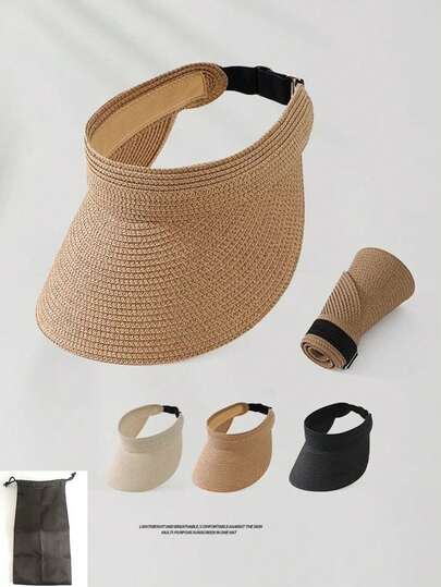 Women's Wide Brim Straw Hat, Foldable Ponytail Summer Beach Hat, Portable For Vacation/Large Brim Sun Protection/Sun Hat