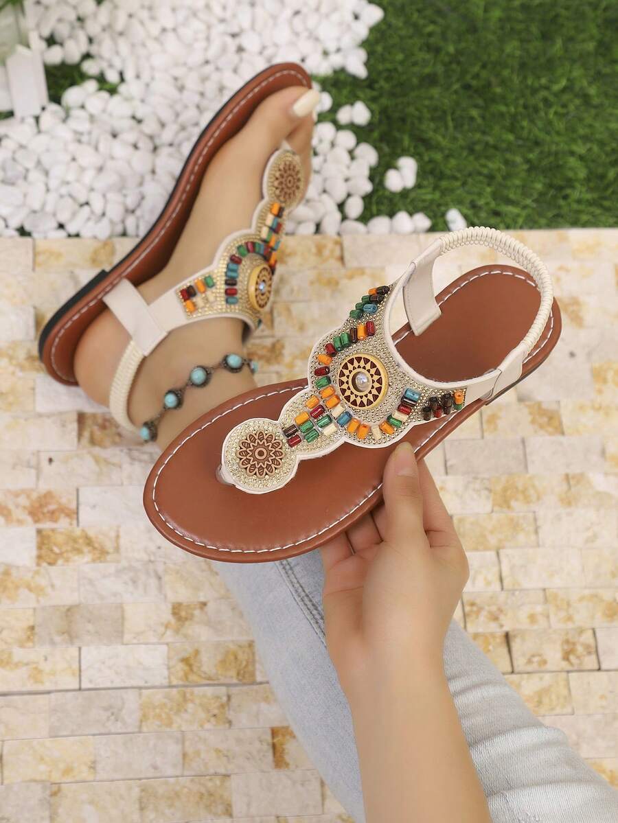 Dép xăng đan đính pha lê phong cách Bohemian, dép xỏ ngón đính hạt, dép lê đế bằng mùa hè dành cho nữ, giày đế bằng kiểu dáng đi nghỉ mát. - Màu be - Xem 1