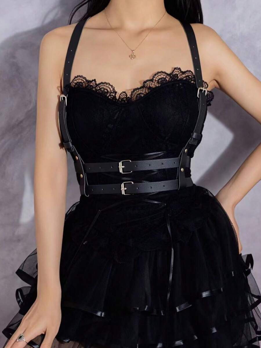 1 pieza Cinturón de arnés de estilo gótico y talla grande de piel sintética sexy para mujer, adecuado para fiestas de Halloween, celebraciones o uso diario - Negro - Ver 1