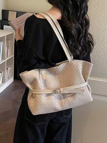 Túi xách nữ dệt tối giản thời trang, dung tích lớn, có khóa cài. - Màu Khaki - Xem 3