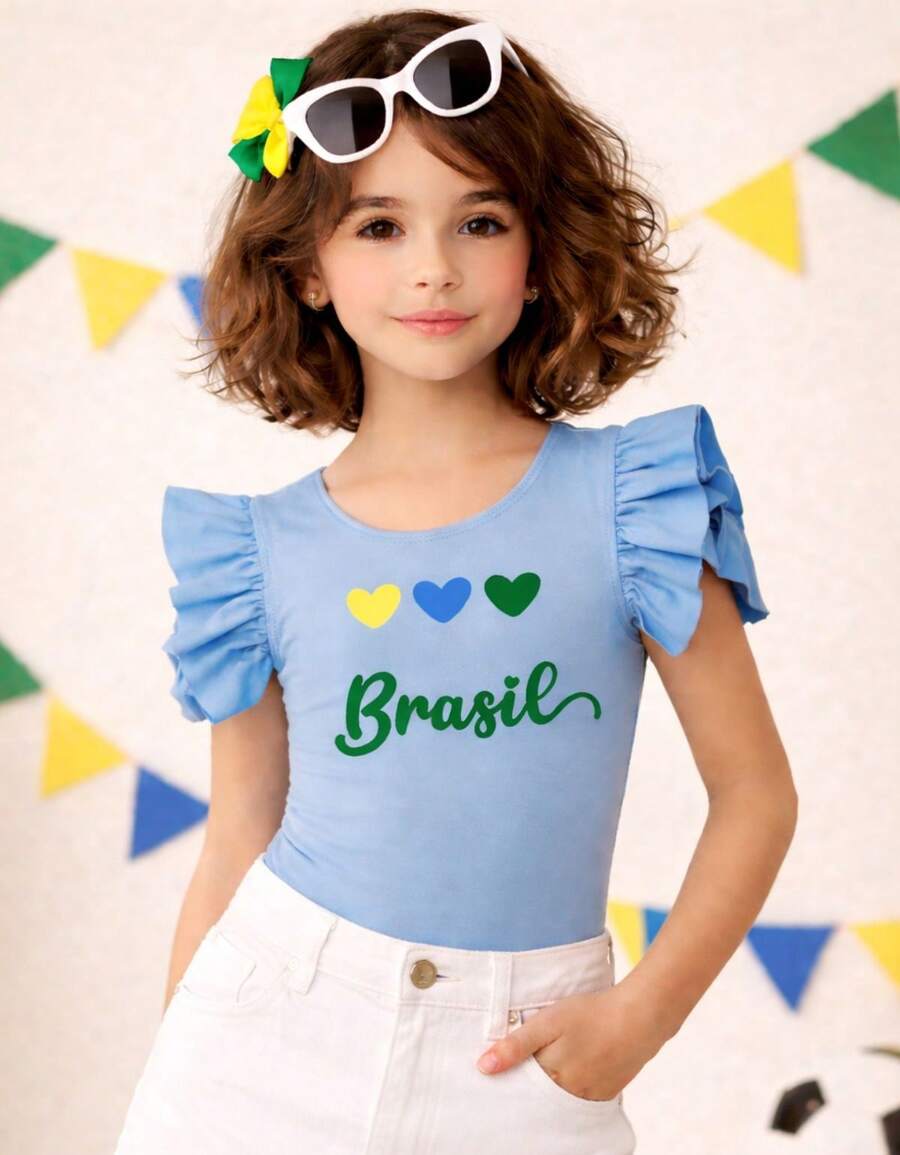 Brazilian Girl's World Cup Fan Bodysuit, Mini Diva Look, Brazil On The Road To The Hexa (Brazil's Sixth World Cup Title), Patriotic Children's Clothing, Fashion Style, Girl's - 藍色 - 查看 1
