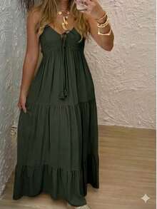 Women's Long Dress, Flowing Style, Thin Straps, V-Neck With Front Tie, Elastic Back - Fits Sizes 36 To 42. - 軍綠色 - 查看 2