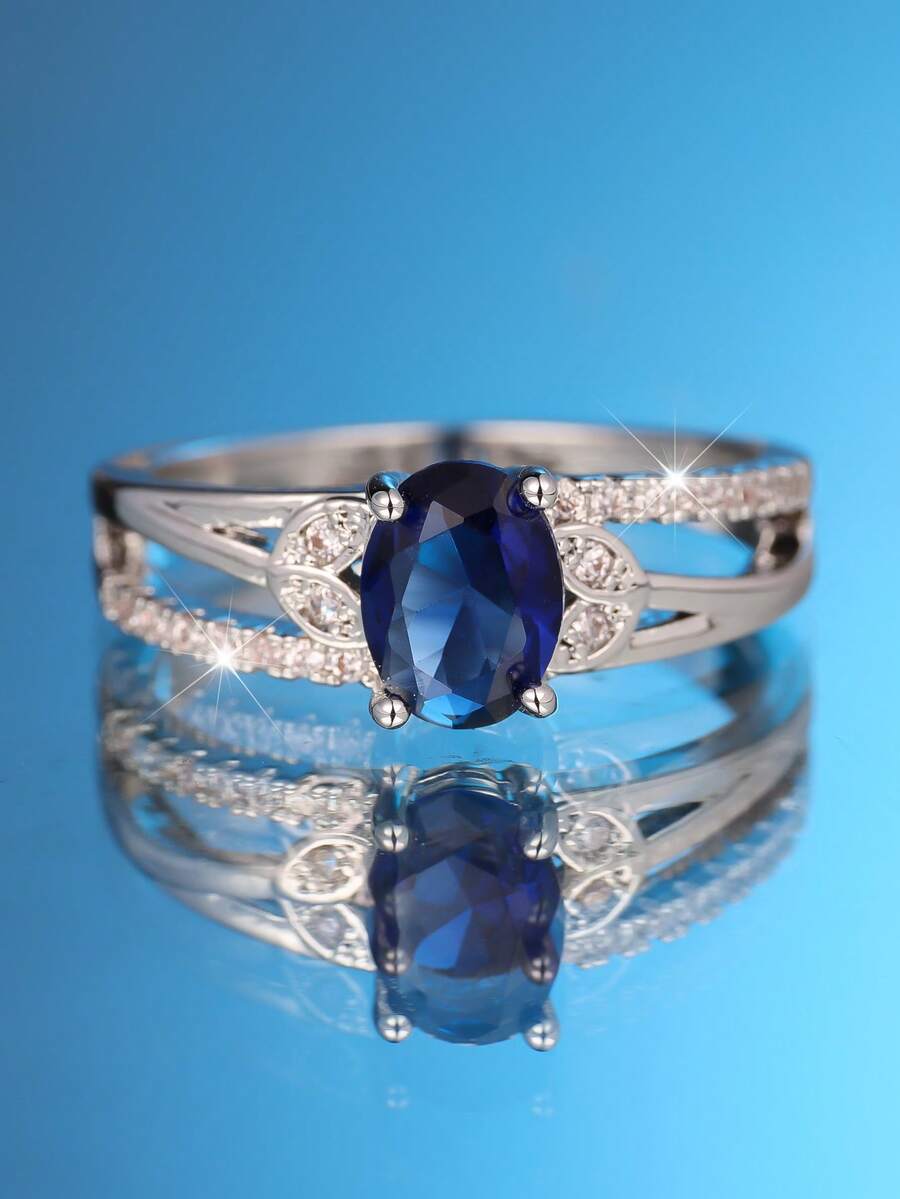 1枚白色镀K金戒指，镶嵌蓝色立方氧化锆，饰以叶子图案，奢华母亲节/节日礼物，适合派对、日常佩戴及全年送礼。 - 藍色 - 查看 1