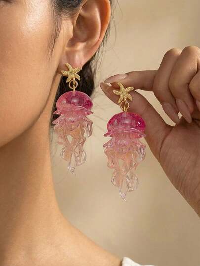 一对夏季时尚百搭优雅波西米亚风海星水母吊坠耳环，适合海滩度假、旅行、女性日常装饰、服装搭配、约会、派对、节日礼物